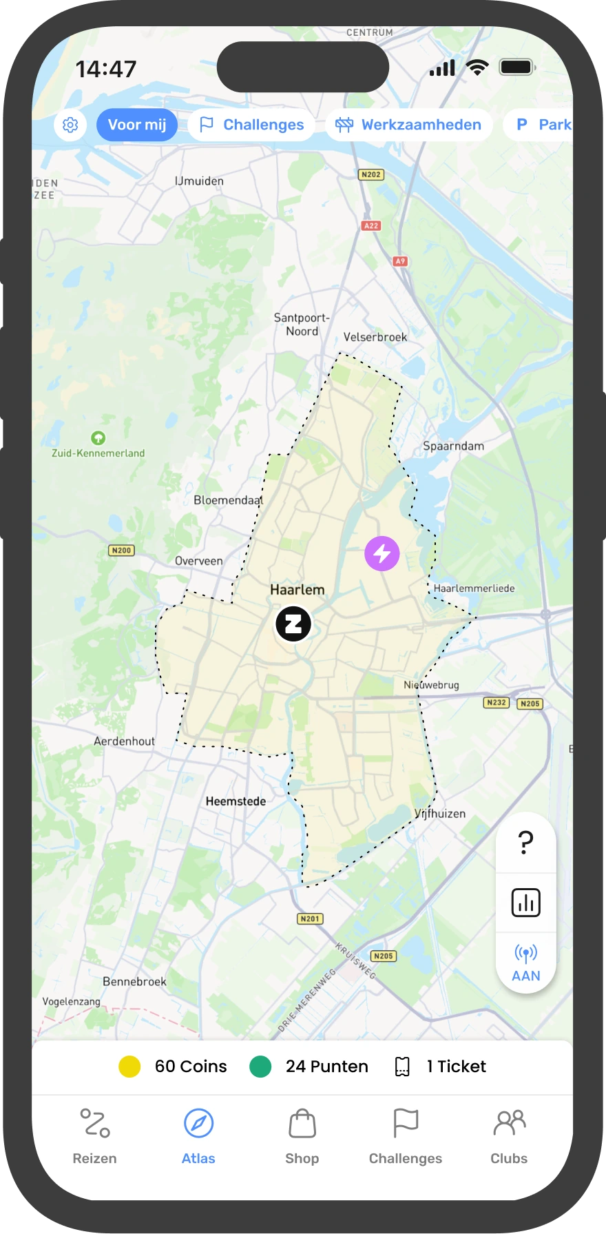 Voorbeeld van de Atlas met een beloningszone en filters voor challenges en werkzaamheden
