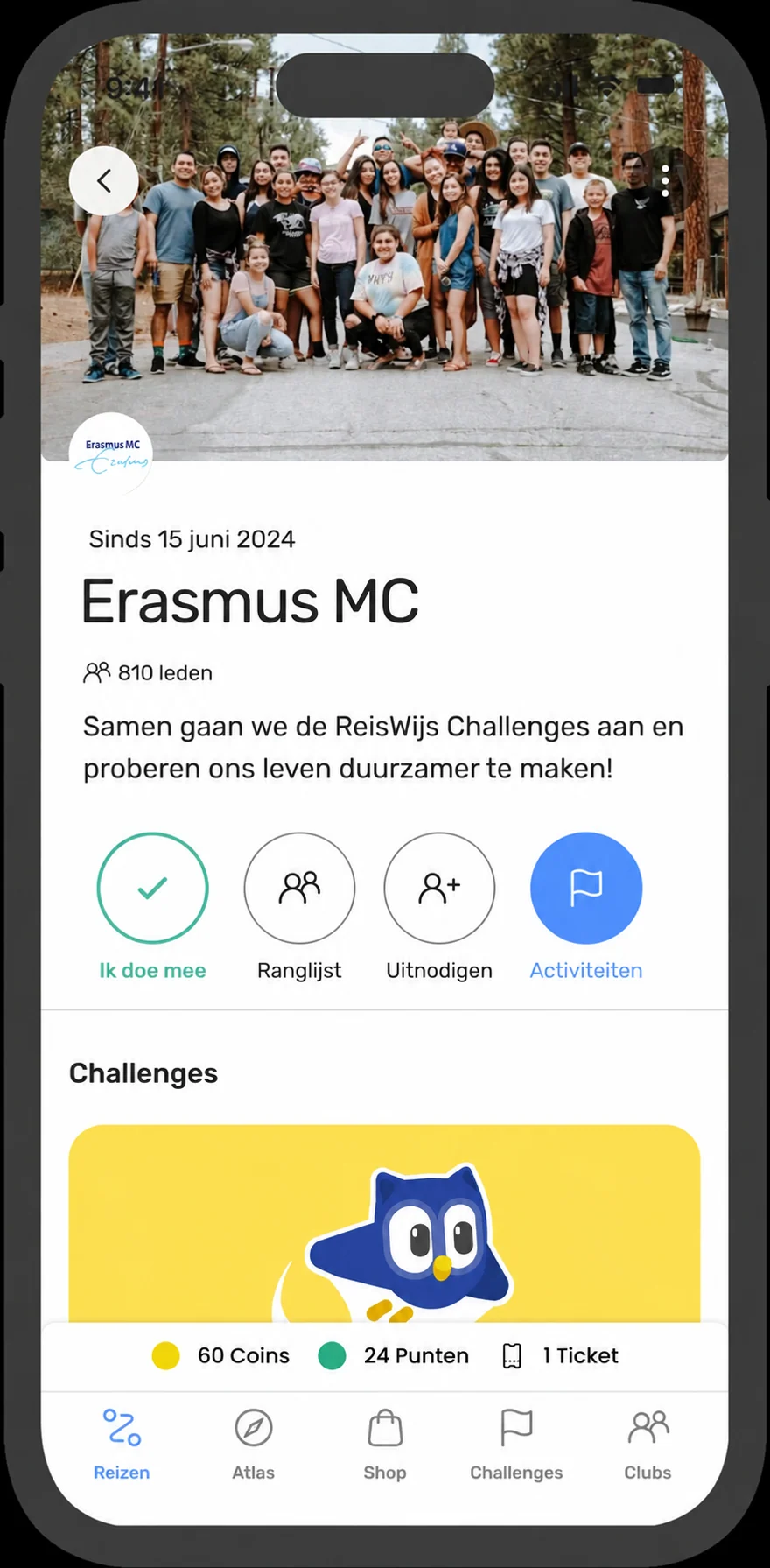 Voorbeeldscherm van een Erasmus MC-bedrijfsclub in ReisWijs, met ranglijst, uitnodigingen en challenges