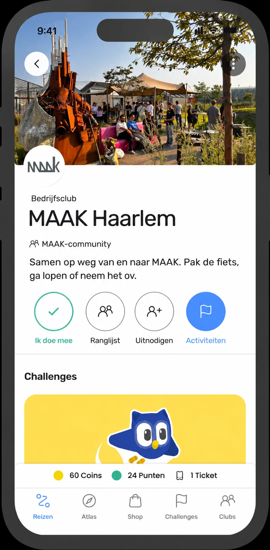 Voorbeeld van de MAAK Haarlem-bedrijfsclub in ReisWijs, met ranglijst, uitnodigingen en challenges