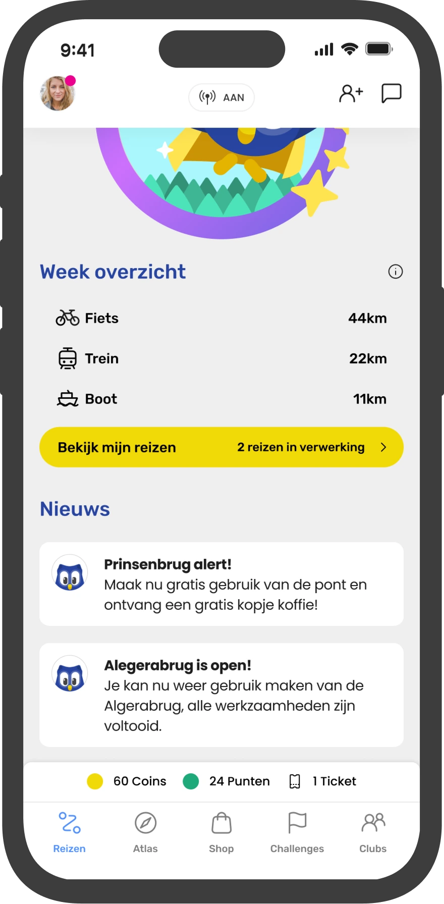Voorbeeld van het weekoverzicht in Reizen, met afstanden per vervoerswijze en lokale berichten