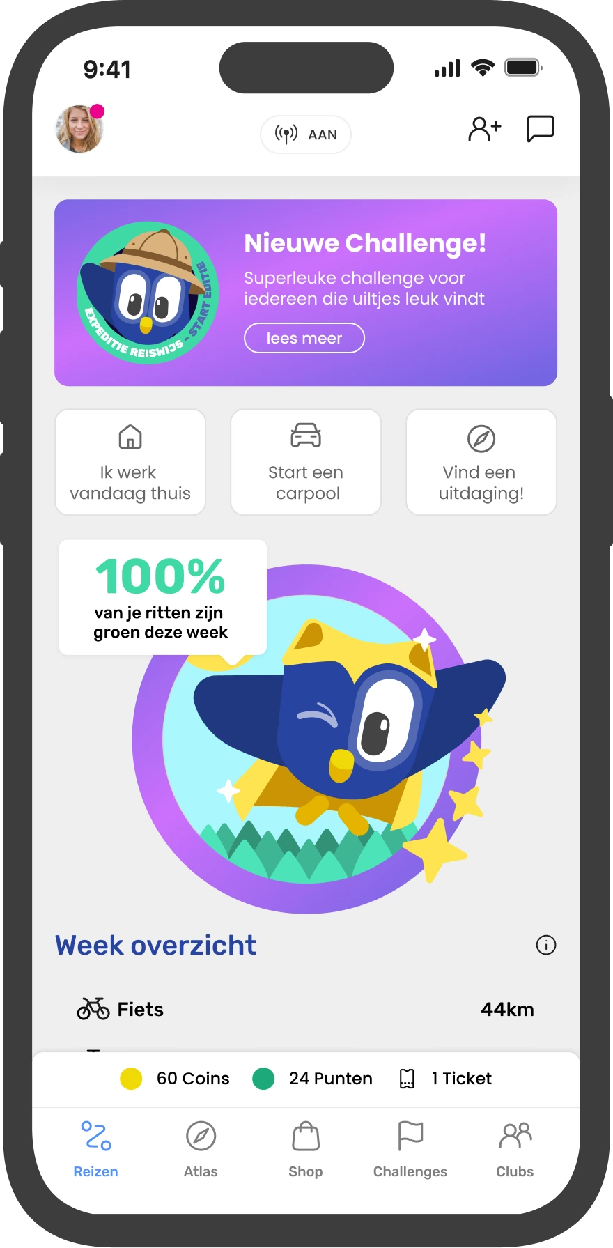 Voorbeeld van Reizen met het aandeel groene ritten, het weekoverzicht en handmatig thuiswerken of carpoolen toevoegen