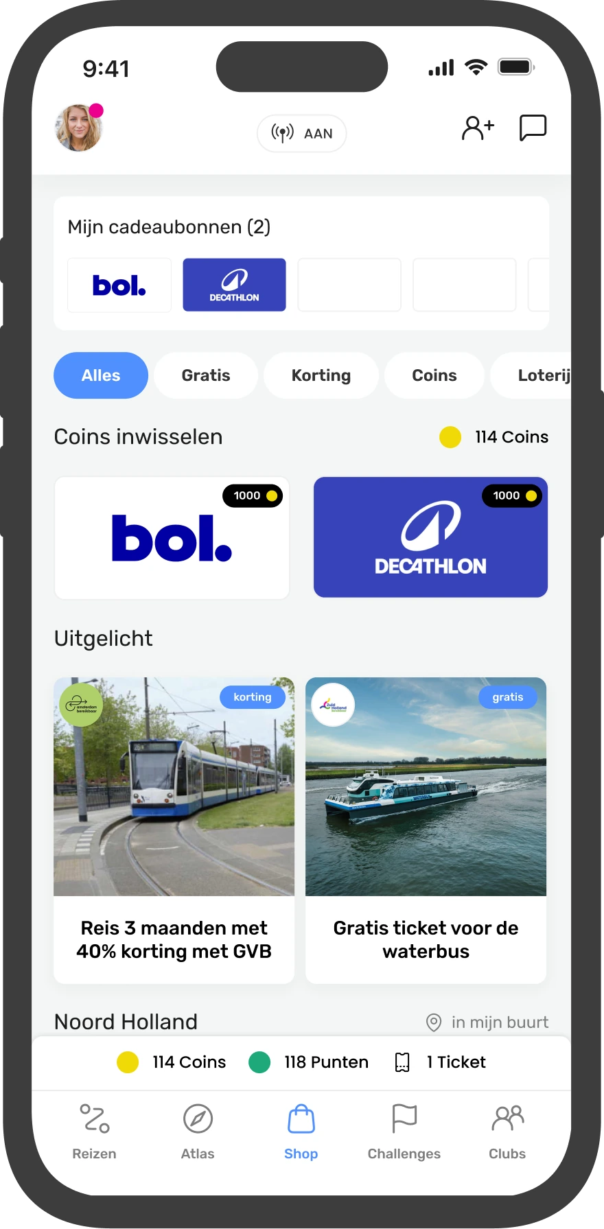 Voorbeeld van de ReisWijs Shop met coins, cadeaubonnen en lokale acties
