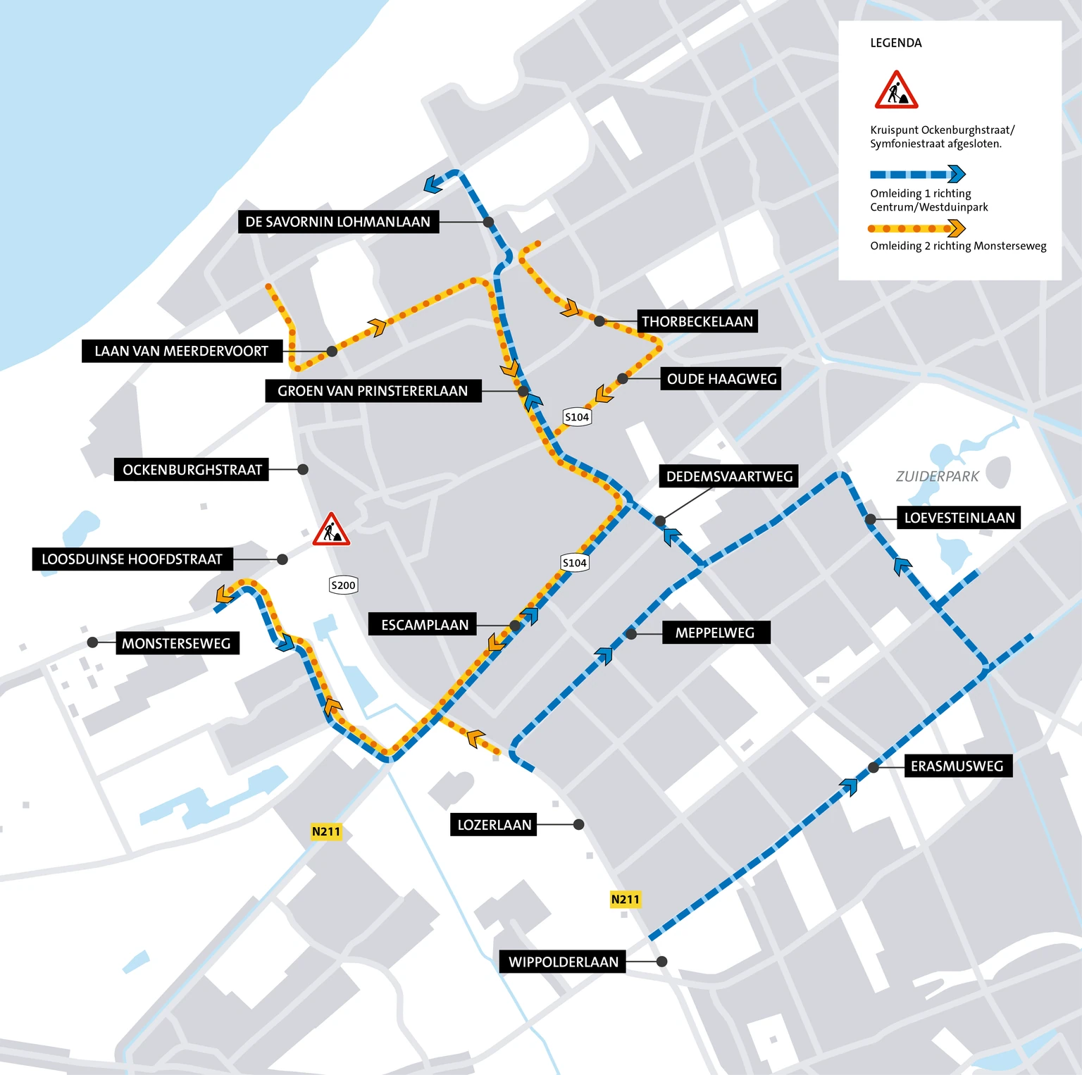 Omleidingskaart bij de afsluiting van het kruispunt Ockenburghstraat en Symfoniestraat