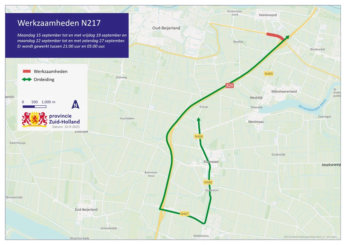 Kaart van de werkzaamheden aan de N217 en de omleiding via de N489, N488 en N487 in september 2025