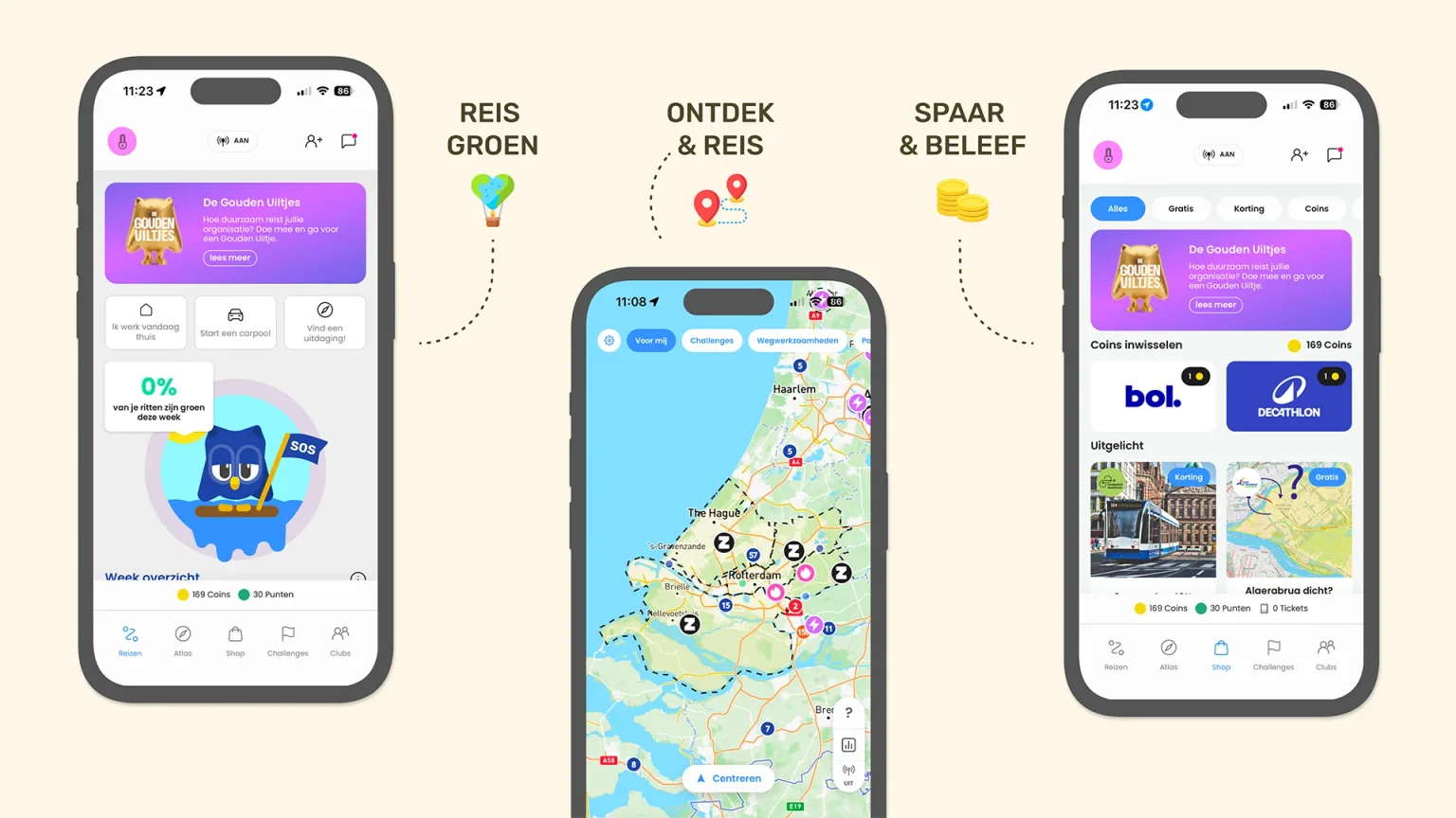 Voorbeeldschermen van Reizen, Atlas en Shop in ReisWijs