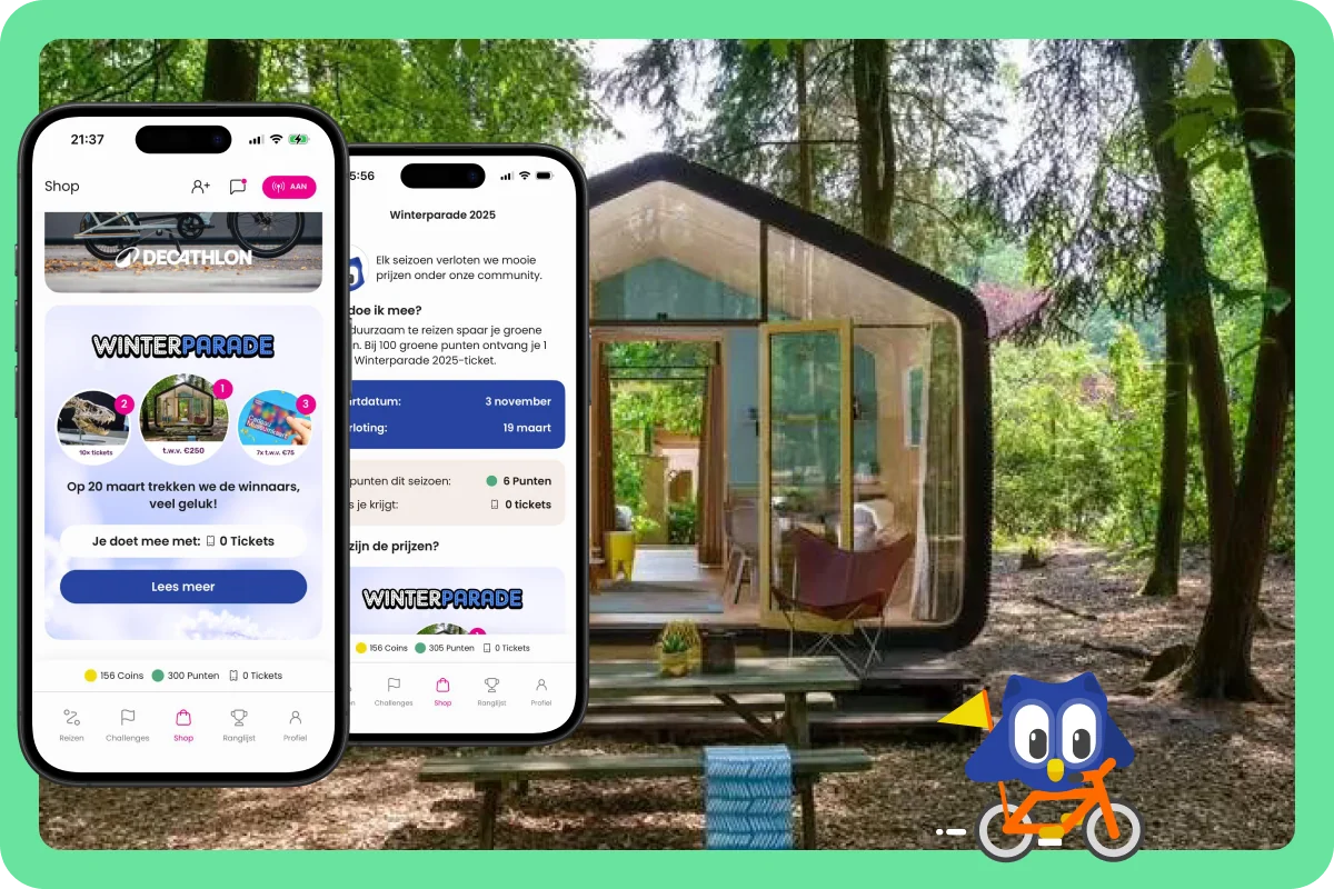Voorbeeldschermen van de ReisWijs Winterparade 2025, met beloningen en een huisje in het bos