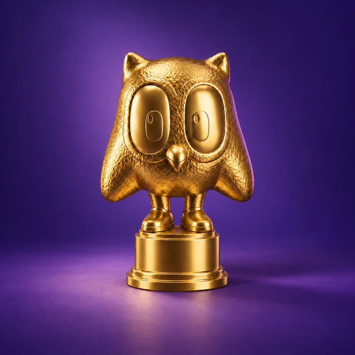 Het Gouden Uiltje: een gouden uil op een ronde sokkel, tegen een paarse achtergrond