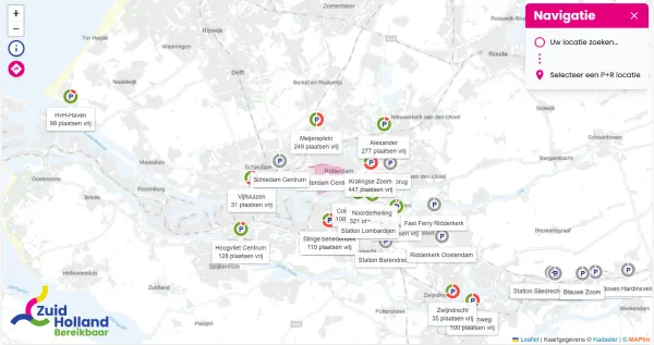 Oorspronkelijke kaartweergave van de P+R-tool voor Rotterdam