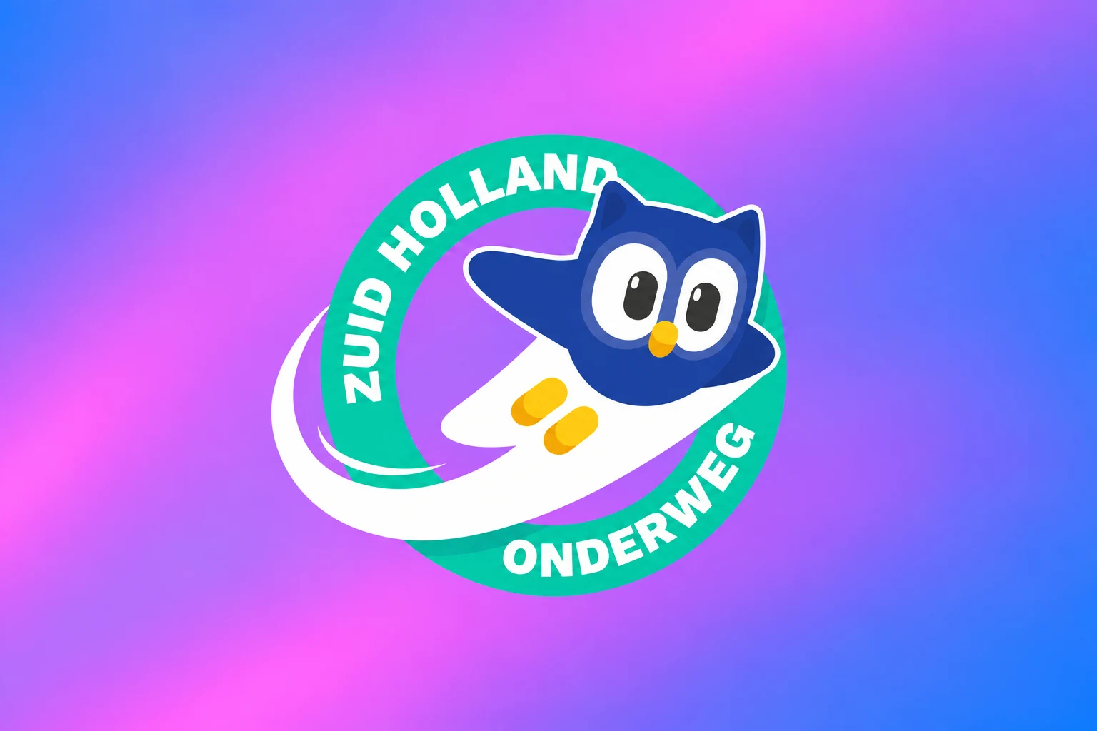 Zuid-Holland Onderweg: een blauwe vliegende uil in een groene ring op een paars-roze-blauwe achtergrond