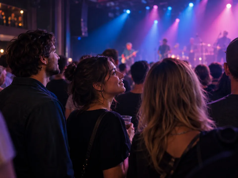 Vrienden bij een concert onder blauw en roze podiumlicht