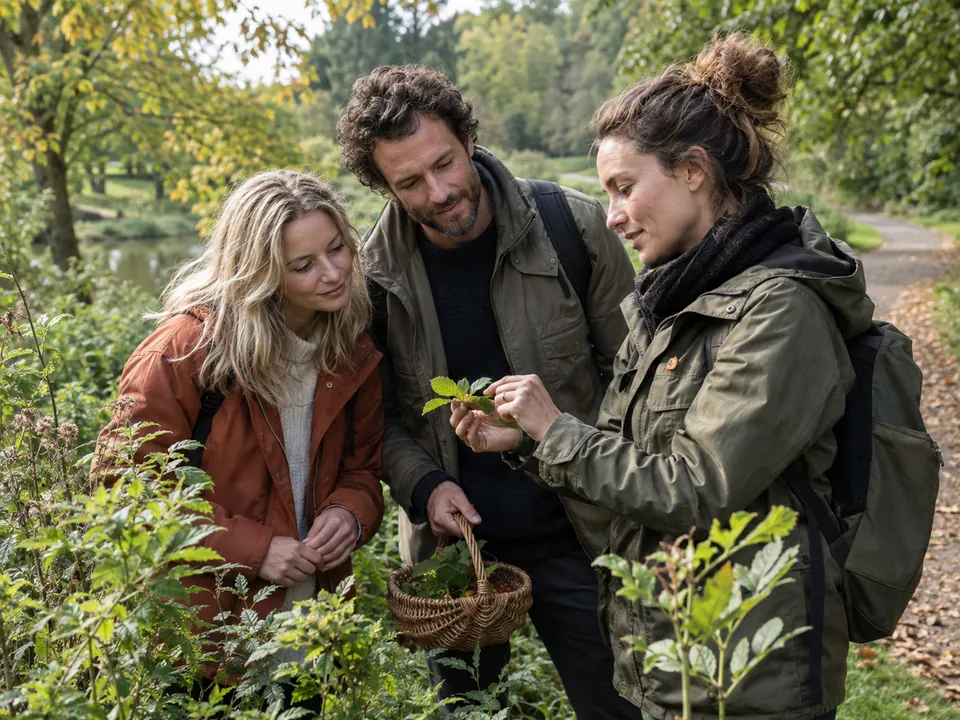 Twee deelnemers bekijken met een gids de bladeren van een plant langs een groen wandelpad