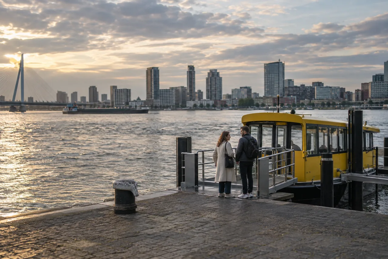 Sfeerbeeld: reizigers aan een Rotterdamse kade met een passagiersboot op de Maas