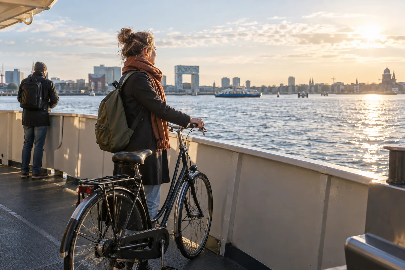 Een reiziger met een fiets op het dek van een pont