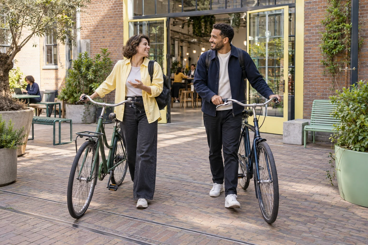 Sfeerbeeld: twee mensen lopen met hun fietsen bij de ingang van een gebouw