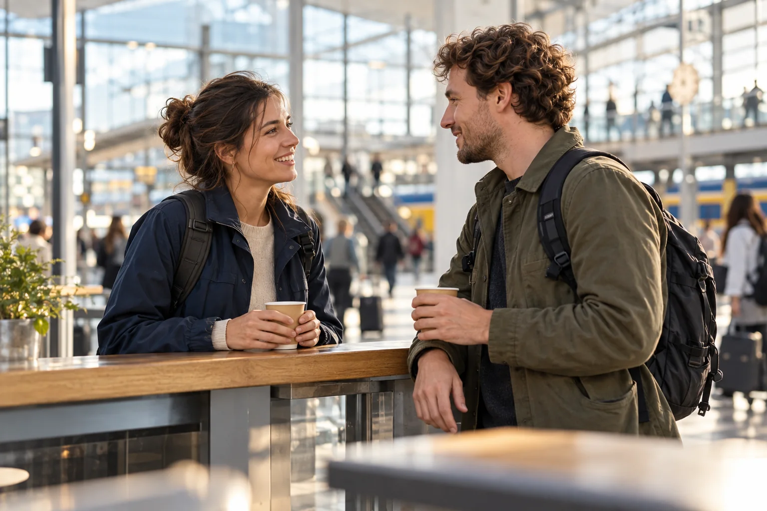 Sfeerbeeld: twee reizigers praten met elkaar aan een koffietafel in een stationshal