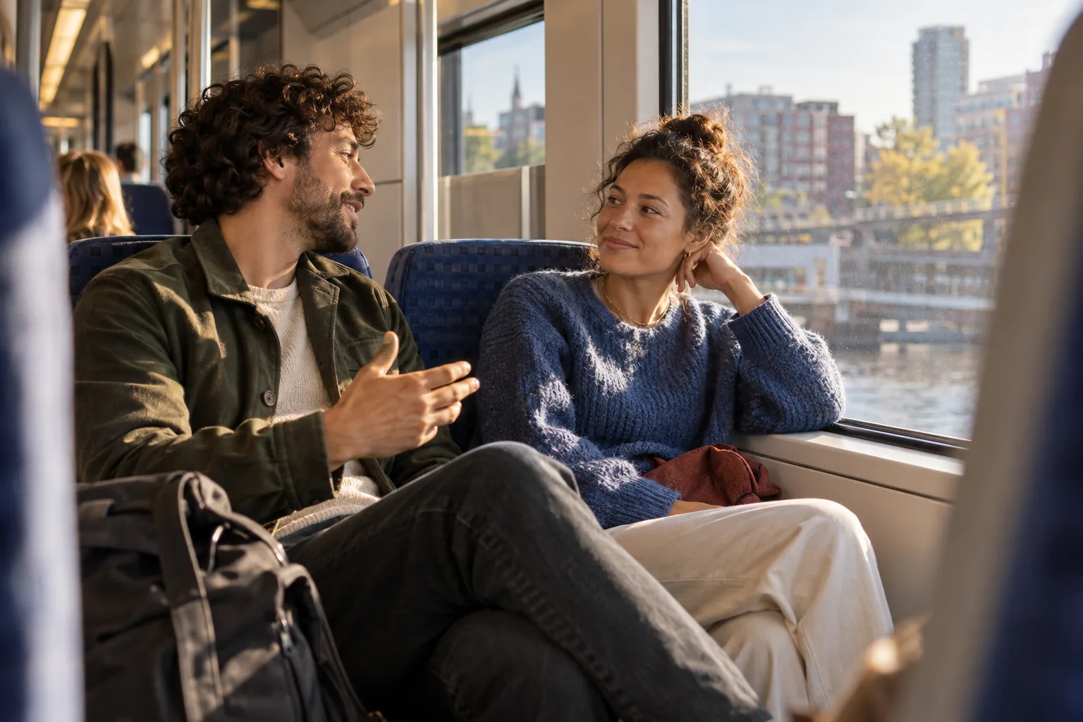 Sfeerbeeld: twee reizigers praten in de trein in het warme middaglicht