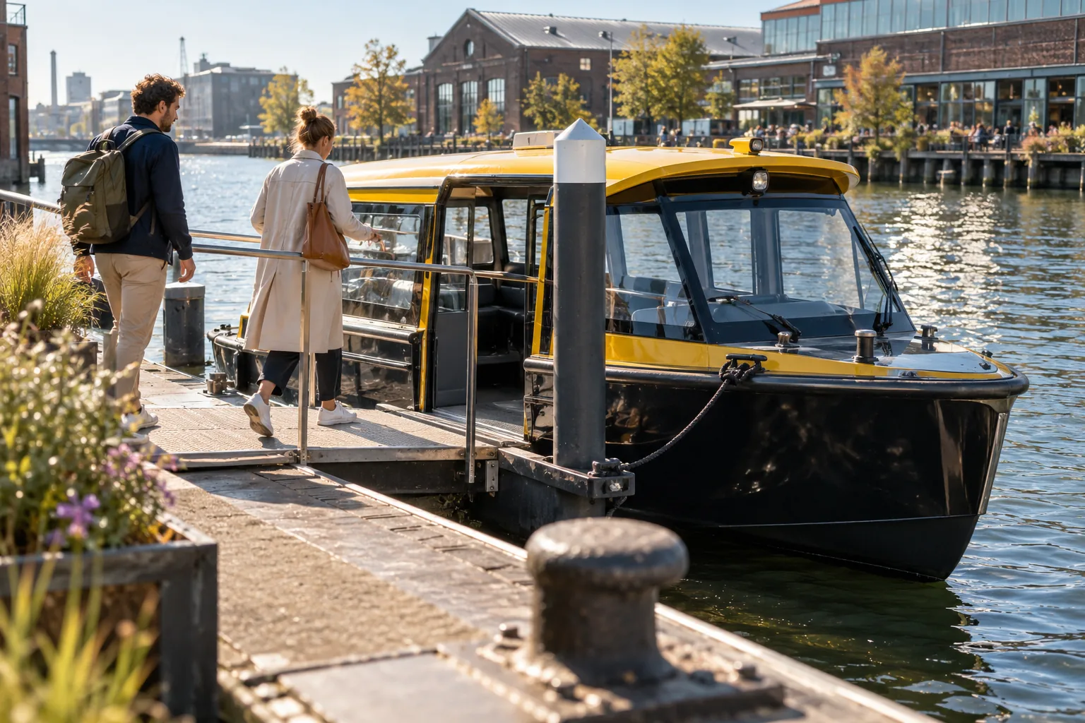 Reizigers bij een watertaxi aan een stedelijke kade