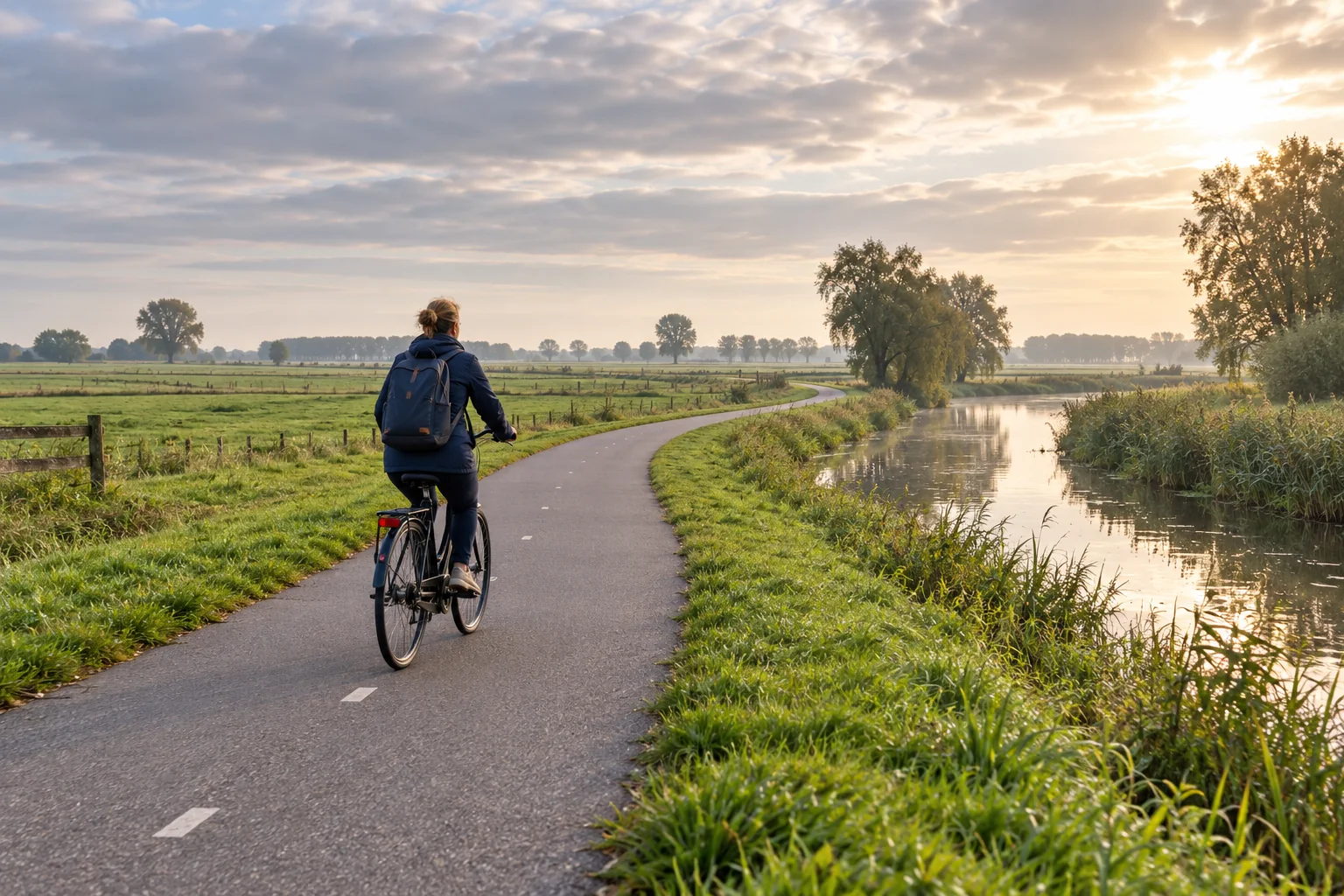 Sfeerbeeld: een fietser rijdt op een vrijliggend pad tussen weilanden
