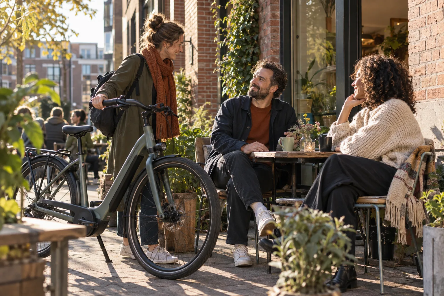 Drie mensen ontmoeten elkaar bij een cultureel café, met een geparkeerde deelfiets op de voorgrond