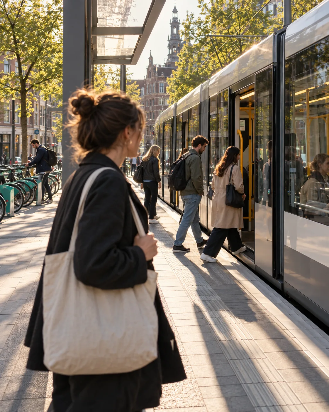 Sfeerbeeld: reizigers stappen in een tram, met deelfietsen bij de halte
