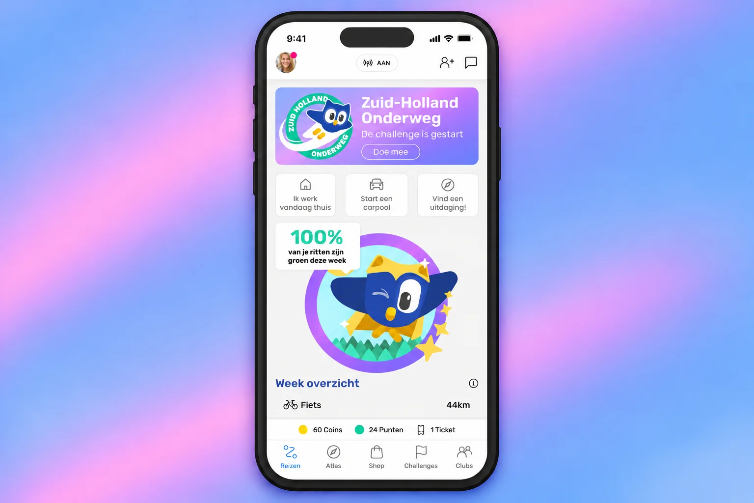 De ReisWijs-app op een telefoon met de gestarte Zuid-Holland Onderweg-challenge en een weekoverzicht