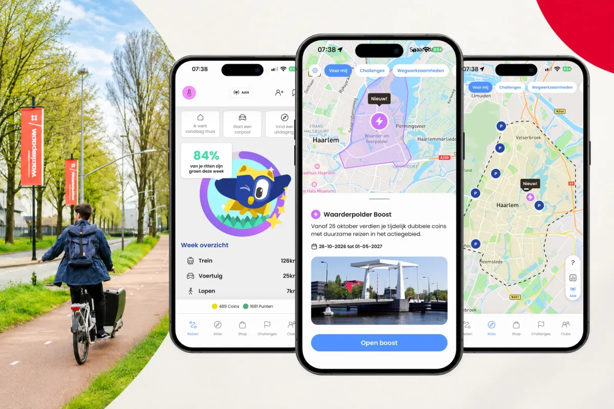 ReisWijs in de Waarderpolder: een fietser en appschermen met de Haarlem-zone en Waarderpolder Boost