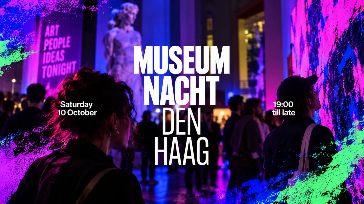 Museumnacht Den Haag met bezoekers in een neonverlichte museumsetting en de evenementnaam centraal in beeld